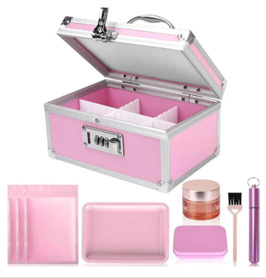 Safe Locking Box With 6 Accessories, Aluminum Medicine Case for Home and Travel，Childproof Pill Box Organizer, Lock box for Valuables, 7.66''x 5.12''x 4.13'' (Pink Set)