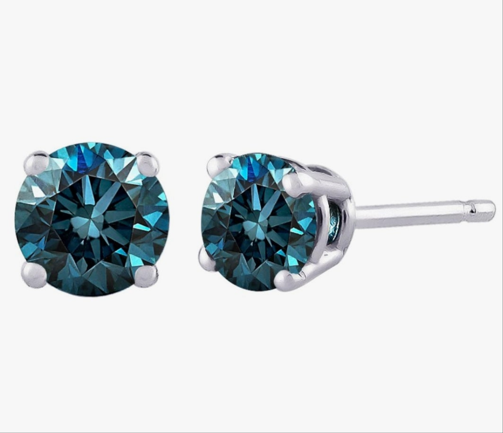 Blue - I1 Round Brilliant Cut Diamond Earring Studs in 14K Gold COCOMONEY