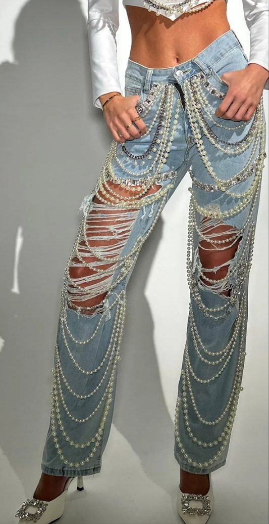 COCOMONEY Ripped Pearl Chain Rhinestone Denim Jeans-Blue