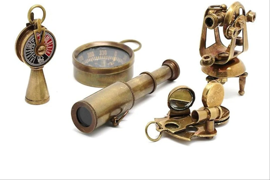 Set of 5 Brass Miniature Nautical Replicas–Vintage-Style Telescope, Compass, Sextant, Theodolite & Telegraph–Steampunk Decor & Collectible Gift Set for Teens, Adventure Seekers & Maritime Enthusiasts