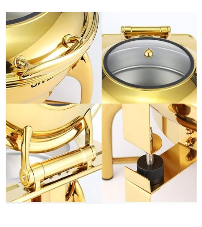 Gold plated Stainless Steel Chafing Dish, Gold-Plated Round Buffet Stove, Commercial Hotel Restaurant Heating Furnace, Hydraulic Transparent Cover Buffet Stove
