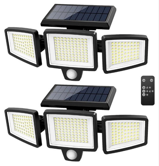 Solar Outdoor Lights 2500LM 210 LED Security Lights with Remote Control,3 Heads Motion Sensor Lights, IP65 Waterproof,270° Wide Angle Flood Wall Lights with 3 Modes(2 Packs)