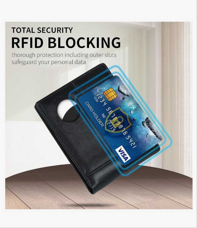 AirTag Wallet Men RFID Blocking Genuine Leather Bifold Mens Wallet For AirTag 1 ID Window 15 Card Holders with Box (Airtag Not included)