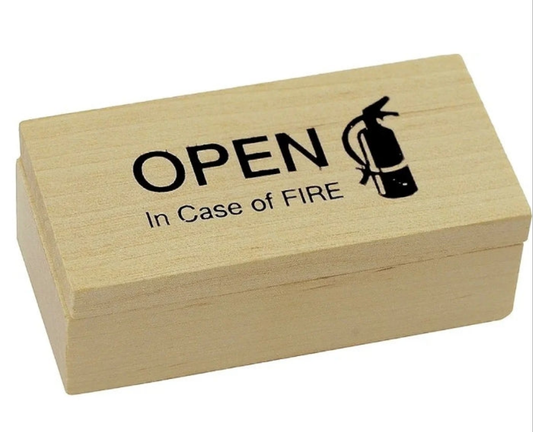 Surprise Open in Case of Fire Wooden Box Gag Gift Practical Joke Prank Toy