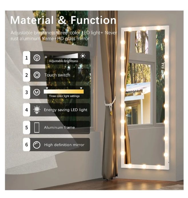 Full Length Mirror with Lights, 63'' x 24'' Mirror Full Length with Lights, Large Full Body Mirror with Lights, Floor Mirror Full Length with 22 Bulbs, Standing Mirror with 3 Light Modes