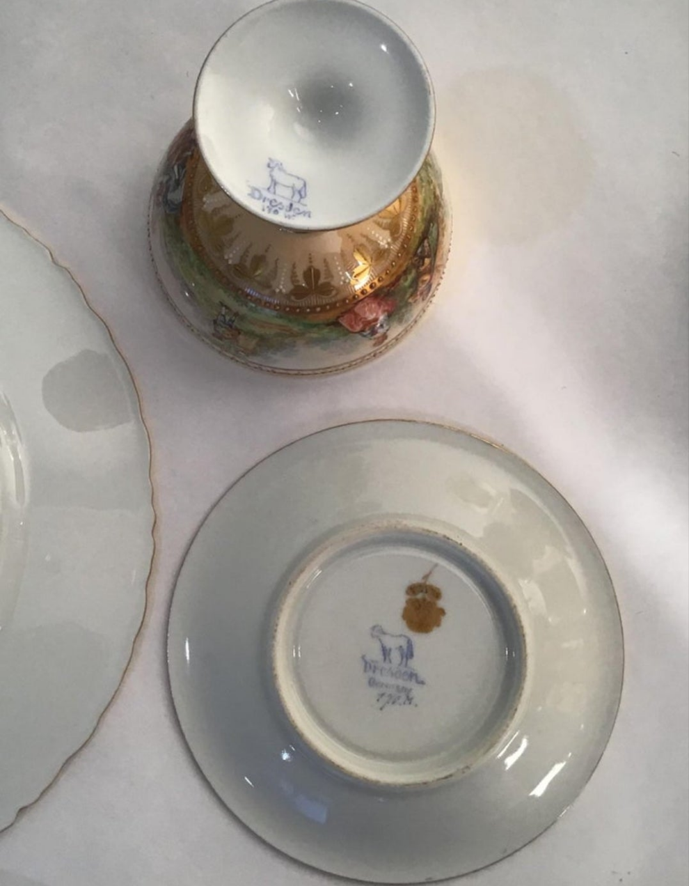 Dresden Ambrosius Lamm Footed Cups and Dessert Plates Set for 10 Hand Painted