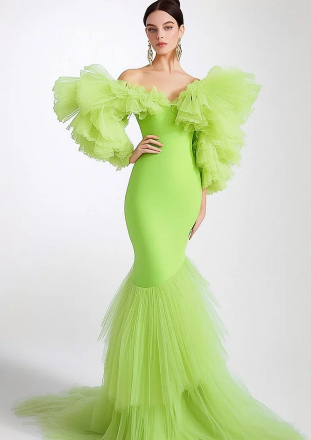 Off Shoulder Mesh Ruffle Sleeve Tiered Maxi Dress-Green [Custom-Made] COCOMONEY
