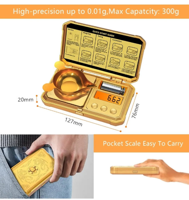 Digital Pocket Gram Scale 300g x 0.01g Accuracy， Small Mini High Precision Gold Scale Digital Weight Grams and Oz for Jewelry,Diamond，Arrows, Powders and Medicine,with 50g Cal Weights