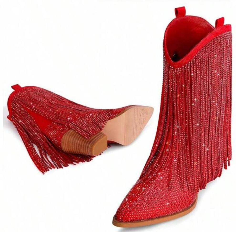 Cowgirl Rhinestone Boots With Sparkly Fringe Pointed Toe Western Ankle Boots & Booties Chunky Heel Pull-On
