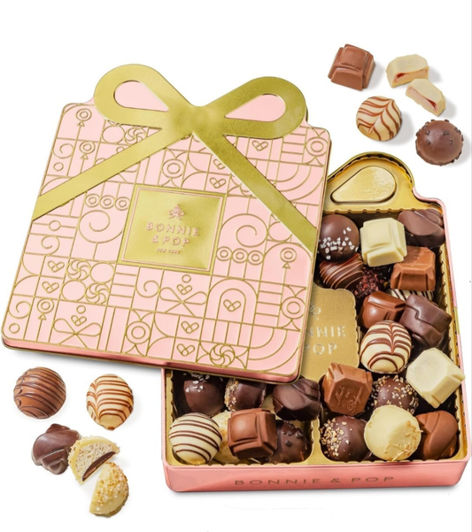 Chocolate Gift Basket, Candy Food Gifts Arrangement Platter, Gourmet Snack Gift Bow Tin Box, Present Idea, Stocking Stuffer, Corporate Him & Her, Men Women Family Parties- Gourmet Belgian Truffles- Brown- Bonnie & Pop