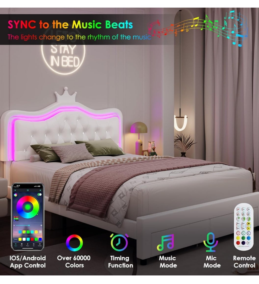 Upholstered LED Bed Frame with Storage Drawer, Leather Princess Platform Bed with Adjustable Crystal Button Tufted Crown Headboard, Solid Wooden Slats Support, No Box Spring Needed,