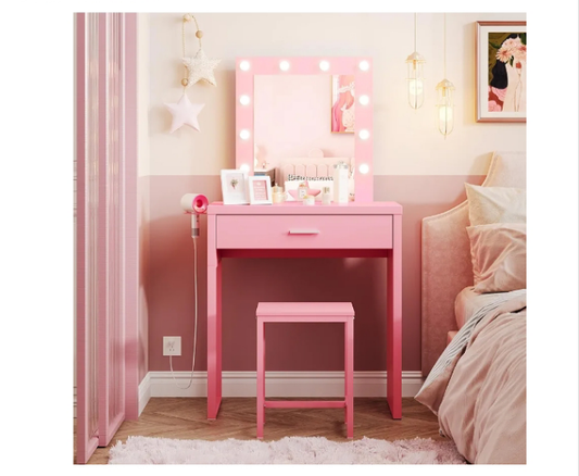 Makeup Vanity Desk with Mirror and Lights, Black Vanity Table and Chair Set, Brightness Adjustable, Small Vanity