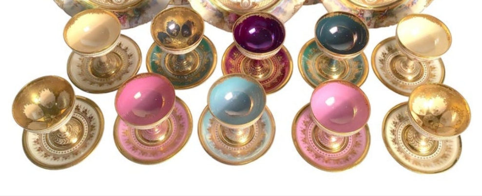 Dresden Ambrosius Lamm Footed Cups and Dessert Plates Set for 10 Hand Painted