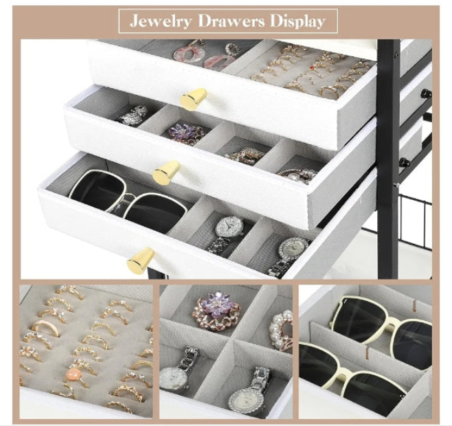 Jewelry Organizer,Large Jewelry Stand with 3 Jewelry Box Drawer, Jewelry Holder Necklace Organizer Earring Storage Jewelry Armoire with Display for Earring Necklace Ring Bracelet