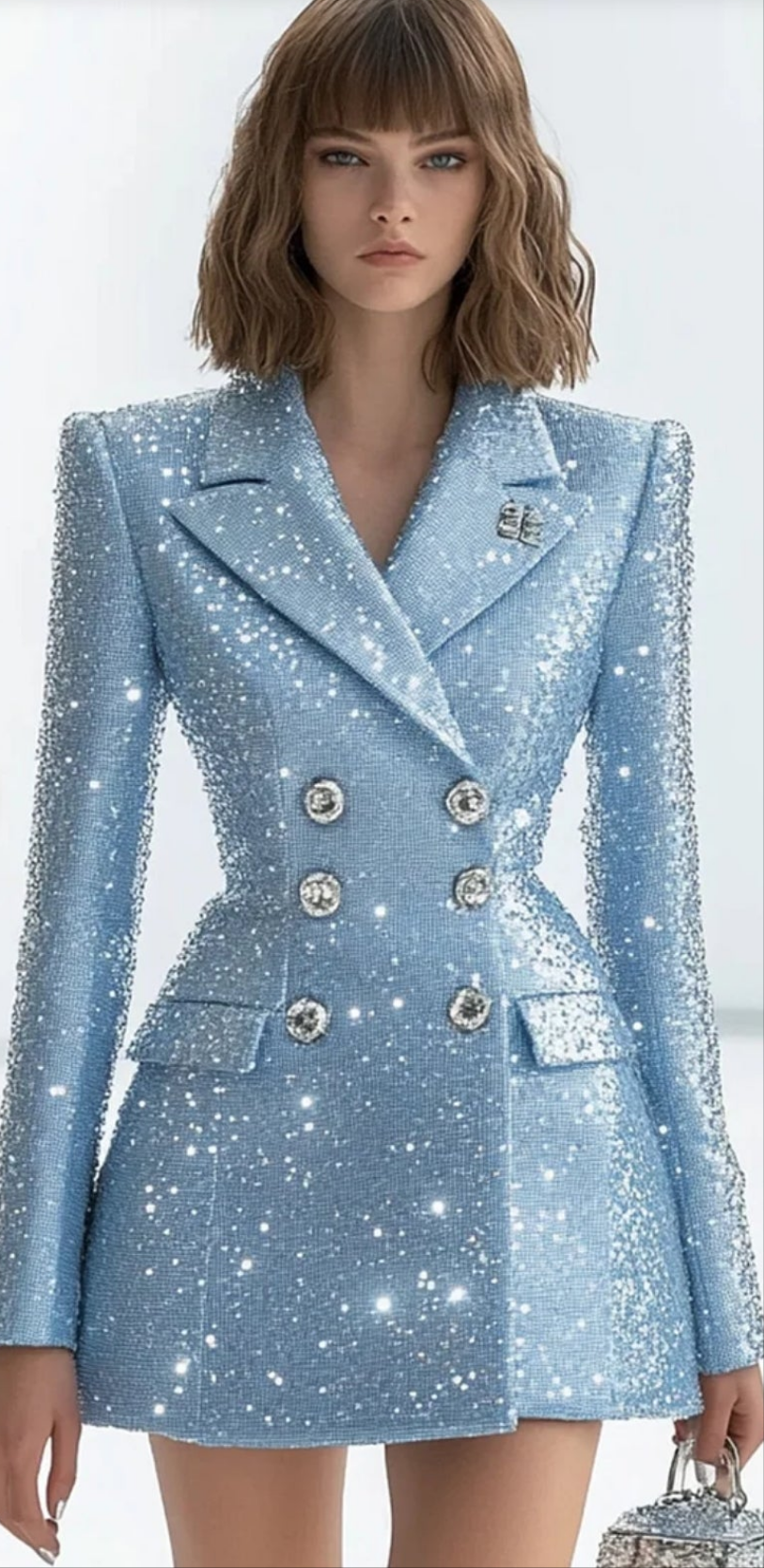 COCOMONEY Lapel Double-Breasted Sequin Mini Dress-Light Blue