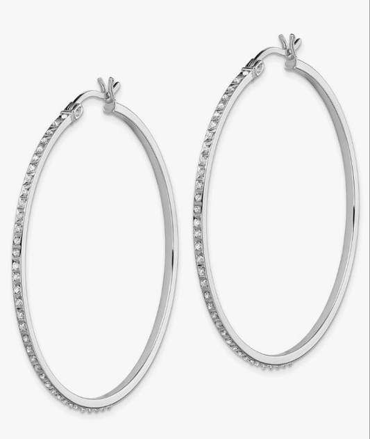 925 Sterling Silver Diamond Round Extra Large Hoop Earrings