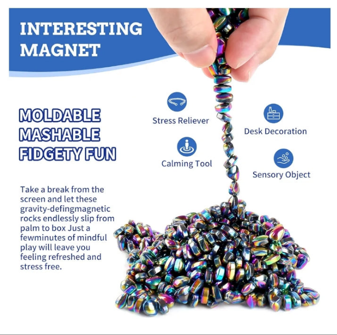 Fidget Toys for Anxiety】Each set of fidget toys has over 550 ferrite stones in a metal tin. You can gab the right account according to your hands, mash ‘em, mold ‘em, stack ‘em, Or make various shapes. When the rock slides from your fingers, feel its temp