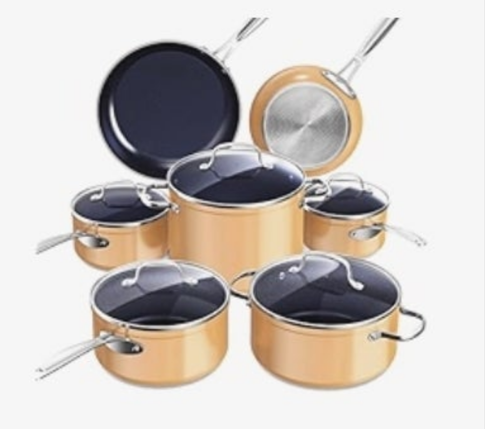 Ceramic Nonstick Cookware Set, Diamond Infused Scratch-Resistant, PFAS Free, Dishwasher & Oven Safe, Induction Ready & Evenly Heats, Tempered Glass Lids & Stay-Cool Handles