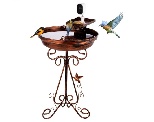 17.7” Dia Bird Bath Large Bird Bath for Outside with Camera Garden Bird Baths for Outdoors with Metal Pedestal Birdbath Vintage Bird Feeder Birdbaths Bowl with Folding Bracket