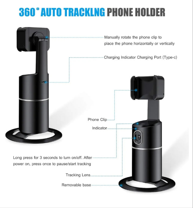 Auto Face Tracking Tripod for TIK Tok Vlog, No App Required, 360° Rotation Face Body Track Selfie Stick Phone Camera Mount, Rechargeable Smart Shooting Holder for Live Videos, YouTube