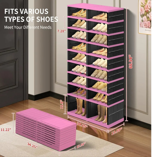 9-Tier "Foldable" Shoe Rack Organizer for Closet,36 Pairs Collapsible Plastic Shoe Shelf,Large Shoes Cabinet with Door,Clear Stackable Storage Box Easy Assembly（White-Pink）