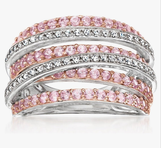 1.00 ct. t.w. Pink Sapphire and .15 ct. t.w. Diamond Highway Ring in 2-Tone Sterling Silver