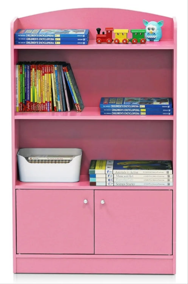 Bookshelf with Storage Cabinet, 2-Shelf with Doors, Pink