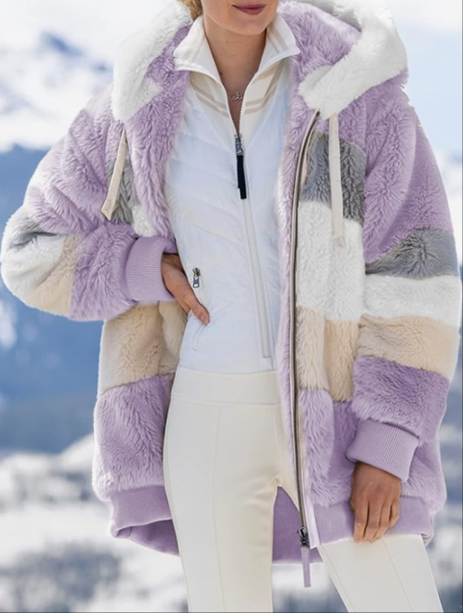 Fuzzy Fleece Jacket Hooded Color Block Patchwork Cardigan Coats Outerwear with Pockets