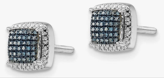 Blue & White Diamond 8mm Square Screw Back Earrings in Sterling Silver