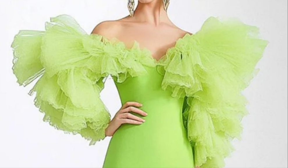 Off Shoulder Mesh Ruffle Sleeve Tiered Maxi Dress-Green [Custom-Made] COCOMONEY