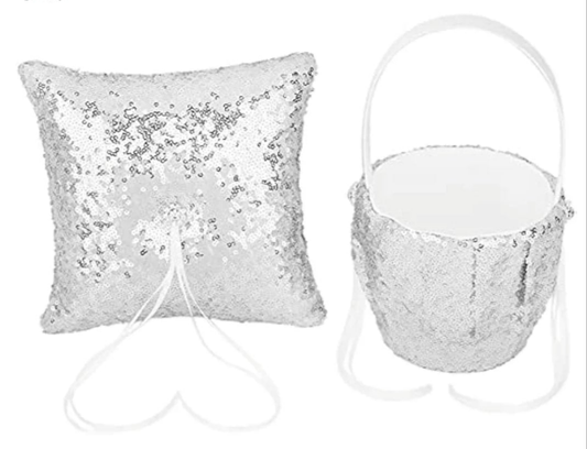 2pcs Wedding Flower Girl Basket Ring Pillow Set Flower Basket and Ring Pillow for Party Decor Bridal Accessories - Silver