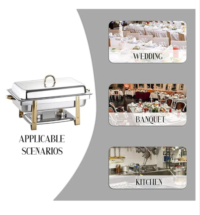 Gold Plated Square Chafing Dish & Food Warmers for Caterings Parties, Stainless Steel Commercial Catering Buffet Server Set