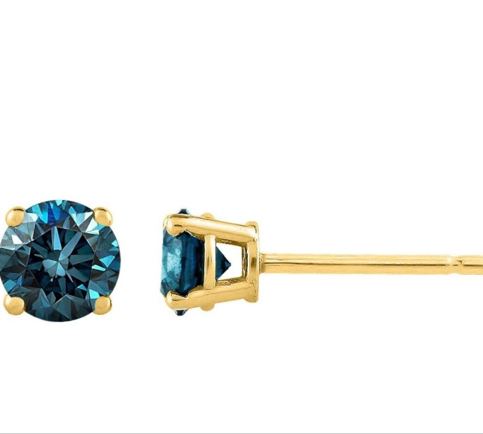 Blue - I1 Round Brilliant Cut Diamond Earring Studs in 14K Gold COCOMONEY