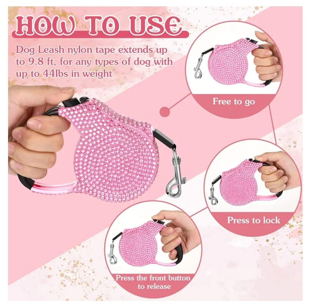 2 Pack Rhinestone Retractable Dog Leash and Bag Holder Set Pink Bling Bone Shaped Pet Waste Bags Dispenser with Metal Clip Heavy Duty Dog Leash for Most Puppy
