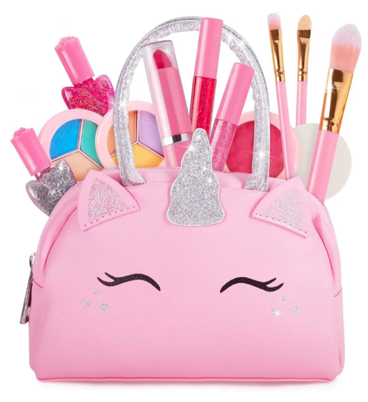 Kids Real Makeup Kit for Little Girls: with Pink Unicorn Purse - Real, Non Toxic, Washable Make Up Toy - Gift for Toddler Young Children Pretend Play Set Vanity