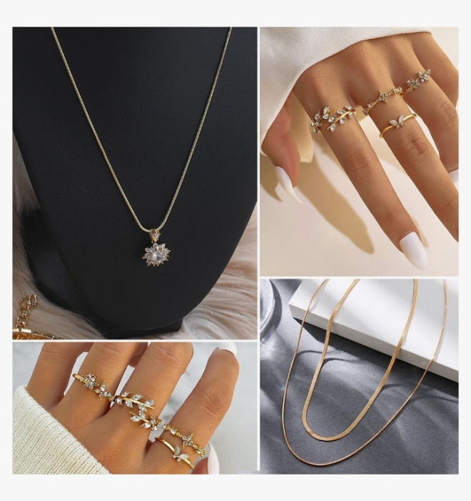 Gold Jewelry Sets for Women, Necklaces Bracelets Hoop Earrings Stackable Rings Jewelry Set，Fashion Outfit Accessories Costume Jewelry MultiPack Birthday Christmas Gifts for Women