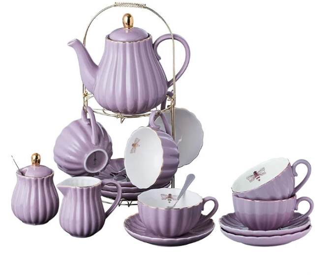 QUEEN BEE COLLECTION Fine China tea set Coffee Cup/Teacup Set, 8 OZ Cups & Saucer, with Teapot-Sugar Bowl-Cream Pitcher Teaspoons and tea strainer for Tea/Coffee, Serve of 6)