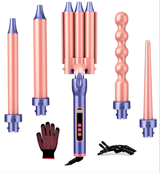 Curling Iron, 3 Barrel Hair Curler Beach Waver All in One Curling Wand with Interchangeable Ceramic Barrels and Heat Protective Glove, LCD Display, Instant Heating, Temperature Adjustment