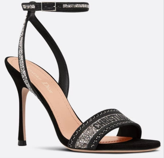 Dior Dway Heeled Sandal
Black Cotton Embroidered with Thread and Silver-Tone Strass