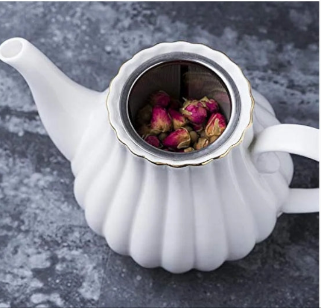 QUEEN BEE COLLECTION Fine China tea set Coffee Cup/Teacup Set, 8 OZ Cups & Saucer, with Teapot-Sugar Bowl-Cream Pitcher Teaspoons and tea strainer for Tea/Coffee, Serve of 6)