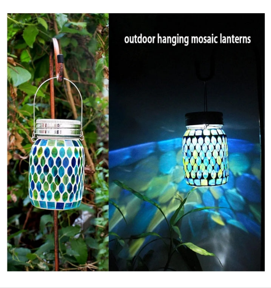 Solar Mosaic 2pack Outdoor Waterproof Cool Blue Mosaic jar Decor Christmas Gifts for Women Mom Grandma Halloween Hanging Solar Lights Decoration Outside for Yard, Patio,Backyard,Porch (Contemporary)
