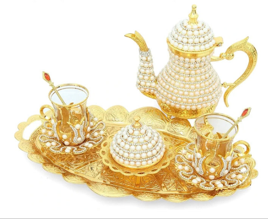 Luxurious Copper and Brass Elegant All in One Serving Set, Large Tea Pot, Decorated with Crystals and Pearls Resistant to High Temperatures (12 Pieces Serving Set)