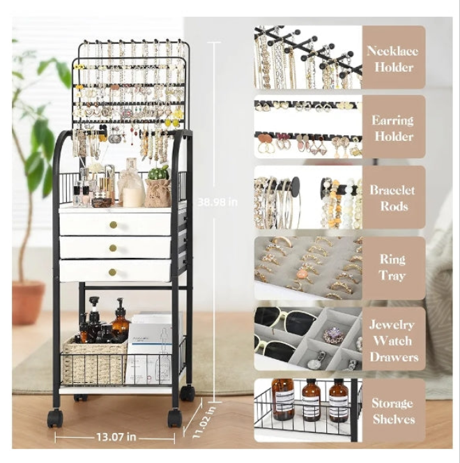 Jewelry Organizer,Large Jewelry Stand with 3 Jewelry Box Drawer, Jewelry Holder Necklace Organizer Earring Storage Jewelry Armoire with Display for Earring Necklace Ring Bracelet