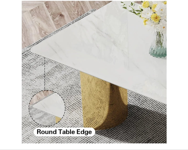 Dining Table Set for 6, White Imitation Marble Glass Desktop with Golden-Plated Base, 71'' Kitchen Table and Upholstered Dining Chairs (1 Table with 6 Blue Velvet Dining Chairs)