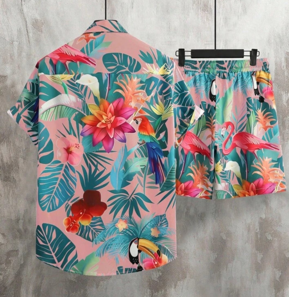 Men's Tropical Print Shirt & Shorts Suit, Vacation & Casual Wear crashing the beach