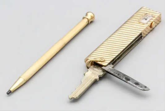 14k Gold Verdura Gold Utility Knife and Key with Clock and Hidden Pencil and mystery key exciting