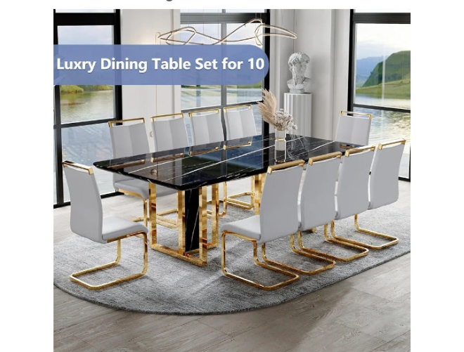 79in Dining Table Set For 10,Kitchen Table Chairs Set With Glossy Faux Mareble Table Top ,Black Rectangle Dining Room Table Set For 10,11 Piece Kitchen Table And Chairs Set For Kitcken Dining Room
