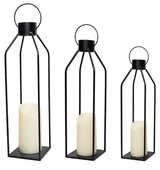 22'' 19'' 16'' Lanterns Decorative w/Flickering Timer Candles- Tall Large Black Metal Candle Lanterns Set of 3- Modern Farmhouse Lanterns Decor for Indoor,Outdoor,Tabletop,Porch (No Glass)