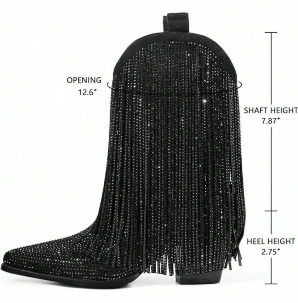 Cowgirl Rhinestone Boots With Sparkly Fringe Pointed Toe Western Ankle Boots & Booties Chunky Heel Pull-On