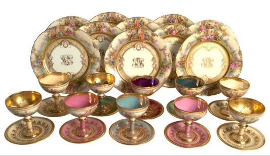 Dresden Ambrosius Lamm Footed Cups and Dessert Plates Set for 10 Hand Painted